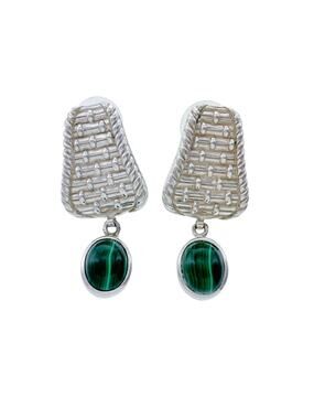 Vintage Sterling Silver 925 Basket Weave Malachite Dangle Earrings